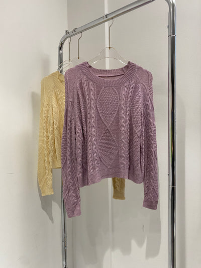 Cable Knit Round Neck Sweater - Orchid