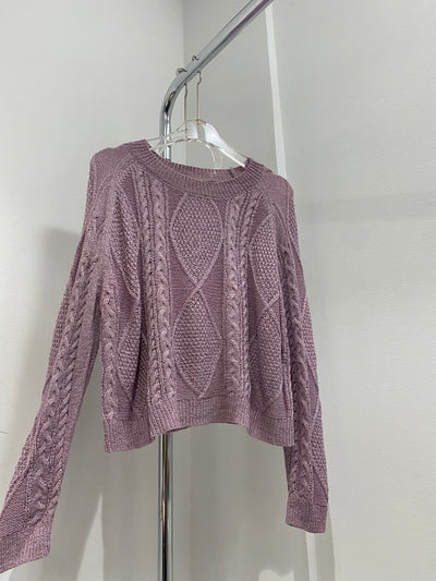 Cable Knit Round Neck Sweater - Orchid