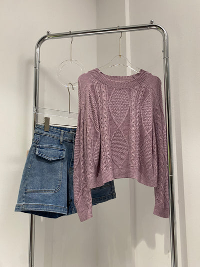 Cable Knit Round Neck Sweater - Orchid